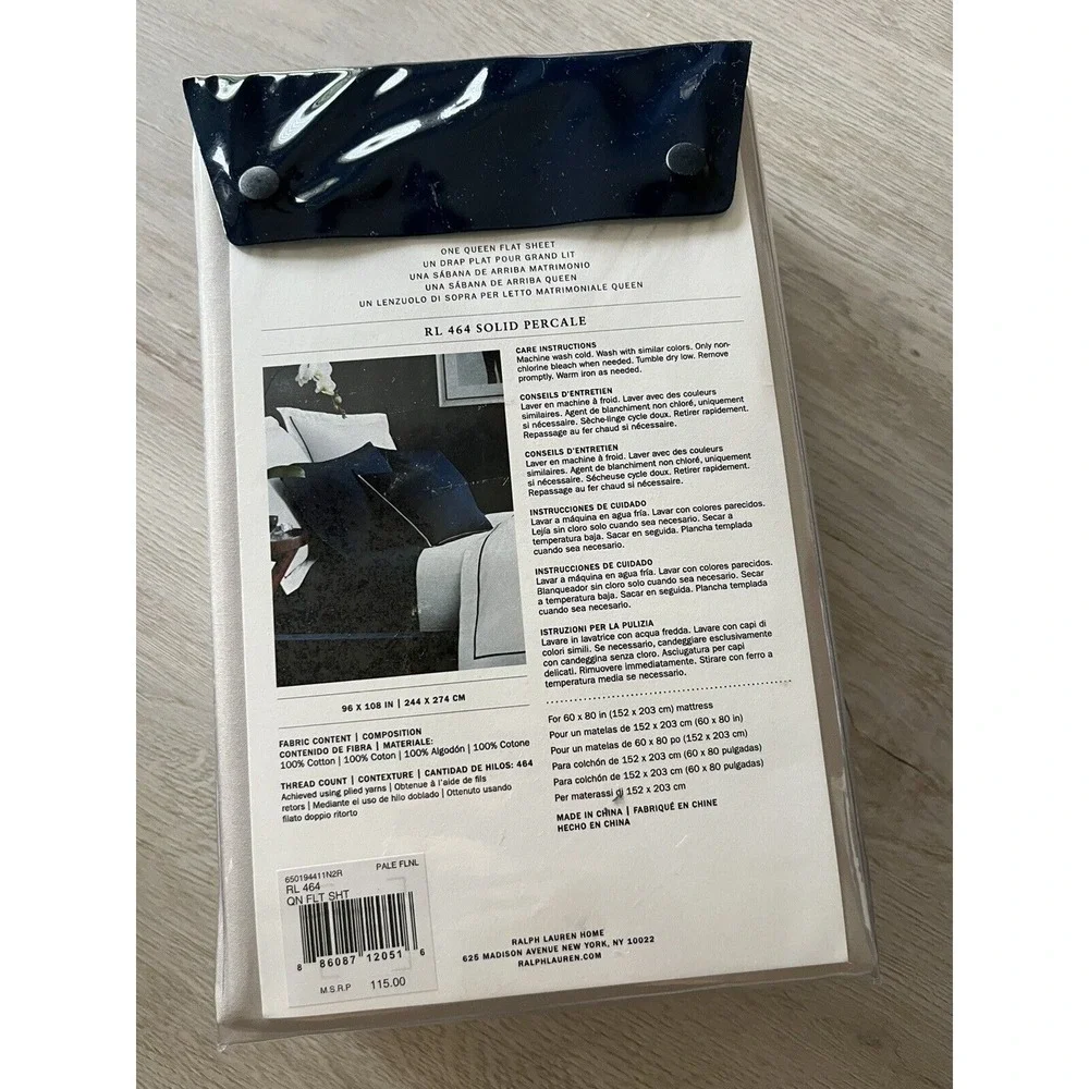 Ralph Lauren Home 464 Thread Count Percale‎ Flat Sheet  Queen Pale Flannel Grey